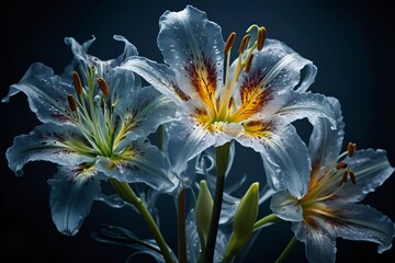 A vibrant lily flower with intricate white petals adorned with dewdrops, exuding elegance and beauty in a serene natural setting, captured in exquisite detail.
