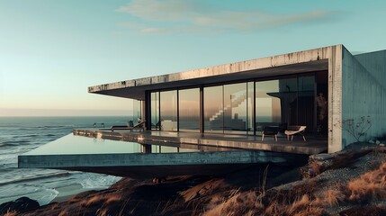 Fototapeta premium modern concrete house with an infinity pool overlooking the vast ocean. The minimalist design creates a serene and luxurious atmosphere.