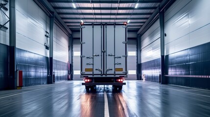 Rear view of a large white truck semi-trailer in a loading dock with a white line in the middle of the floor.