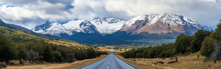 Naklejka premium Snow-capped mountains rise above a winding road in Patagonia, Chile