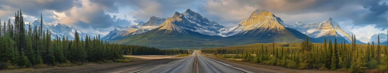Fototapeta premium Majestic mountain landscape with highway under a dramatic sky at sunset