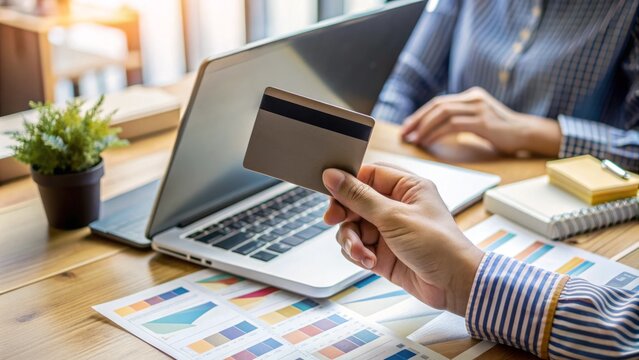 Hand holding credit card for online shopping payment, surrounded by vouchers, rewards, and financial documents, representing retail banking, budget, and savings with interest rates.