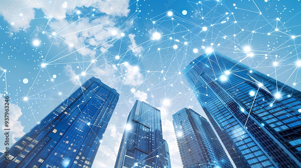 Poster low angle view of a cityscape with skyscrapers reaching up into the sky, interconnected by a network