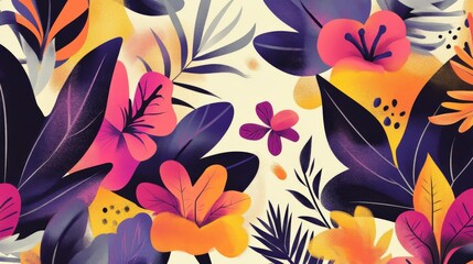 Vibrant floral pattern with tropical blooms in bold colors and shapes