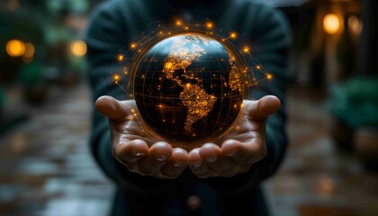 Fototapeta premium innovative technologies in the field of science and communication, Hand holding flying earth network global connection concept, Abstract palm hands with global network connections, Global, Network, 