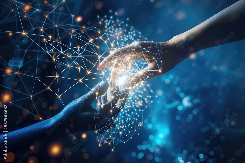 Poster Two hands touch each other amidst a network of dots