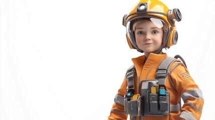 A child wearing an engineering suit, 3D illustration, isolated on white background 