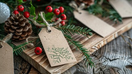 Fototapeta premium Holiday gift display with tags and personalized messages. 