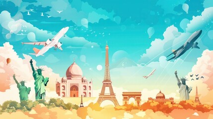 Illustration of a holiday travel itinerary with landmarks and sightseeing spots. 