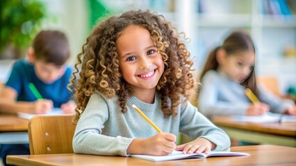 Happy elementary school girl with curly brown hair and bright smile holds a pencil and notebook while sitting at a wooden desk in a classroom.