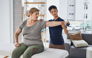 Physiotherapy, woman arm and medical consultant with healthcare and rehab advice. Weight,...