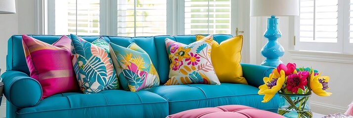 A vibrant living room featuring a turquoise sofa adorned with colorful floral cushions and a decorative vase.