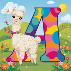 English A Letter with Alpaca Illustration, Animal Alphabet Art, Educational Design for Kids, Creative Typography, Children's Learning Tool