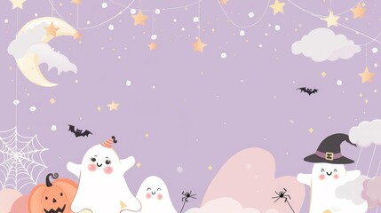 Naklejka premium Cute Halloween wallpaper pattern with a ghost, a pumpkin and a moon in cartoon style. Abstract Halloween background with empty space for text. Party invitation template design. 