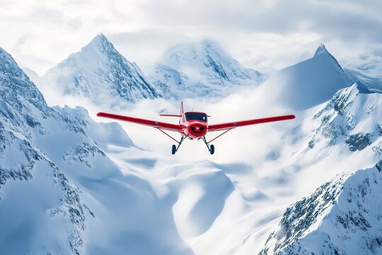 Red plane flying over snowy mountains