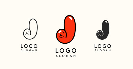 Playful cartoon letter J with glossy, bubbly appearance, available in silhouette, contour, colored versions. Perfect for children's brand, entertainment company, creative studio. Vector illustration.