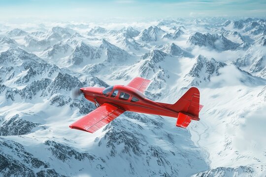 Red airplane flying over snowy mountains