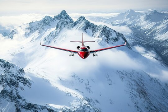 Red airplane flying over snowy mountains under cloudy skies.