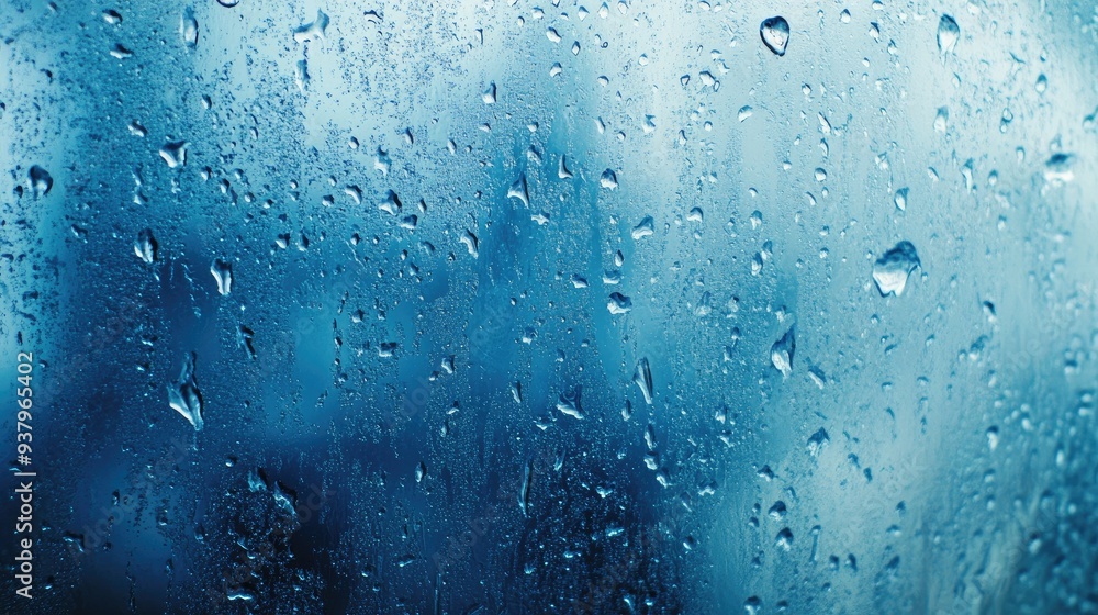 Poster a close-up of rain on a blue abstract background, with droplets forming patterns and textures that e