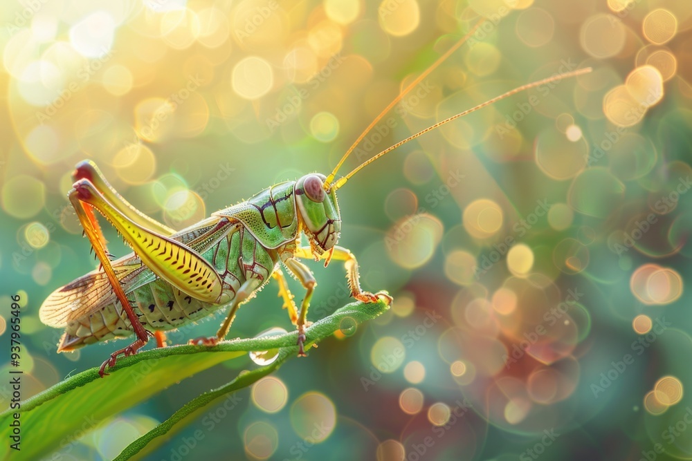 Poster a close-up photo of a grasshopper sitting on a leaf
