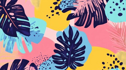 Colorful tropical leaf pattern with vibrant shapes on a pink background