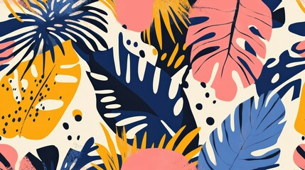 Colorful tropical leaves create a vibrant design for summer decor