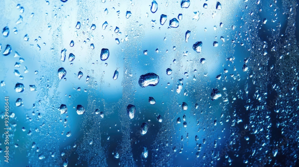 Poster a close-up of rain on a blue abstract background, with droplets forming patterns and textures that e