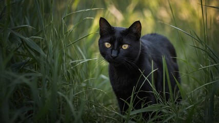 Black cat prowling intently in lush green grass field on natural background