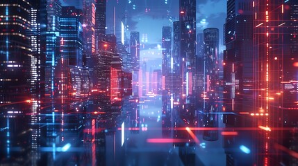 Obraz premium Cyberpunk Cityscape with Red and Blue Neon Lights