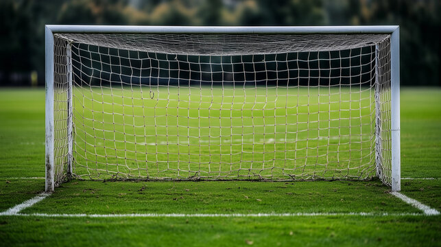 The empty football goal waits for players on the green field, with anticipation of competition. Enjoy soccer on a summer day, with space for recreation
