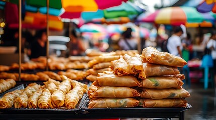 Stacked spring rolls and fried wontons at a local Thai market with crowds and colorful umbrellas