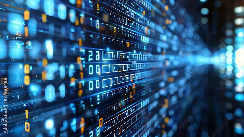 Poster abstract digital visualization of data flow, showcasing binary code and a futuristic technology conc