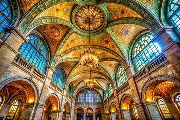 Fototapeta premium Historic Manhattan landmark boasts stunning polychrome vaulted ceiling in ornate lobby, featuring intricate architectural details and preserved grandeur from a bygone era.