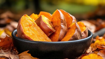 Freshly cut sweet potato slices in a black bowl, surrounded by autumn leaves, showcasing vibrant colors and seasonal abundance.
