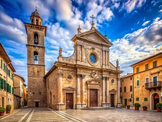 Fototapeta premium Historic stone church with ornate facade and bell tower, featuring intricate architectural details, situated in a quaint Italian city square.