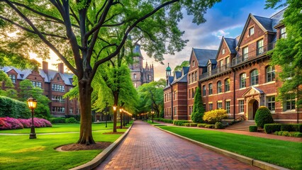 Historic university campus with elegant brick buildings, lush greenery, and serene walking paths, evoking a sense of academic excellence and timeless tradition.