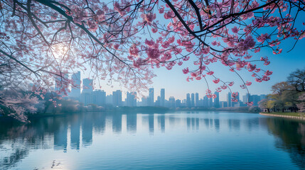 sunset and city skyline over the lake, Cherry Blossoms in Full Bloom by a Serene Lake*