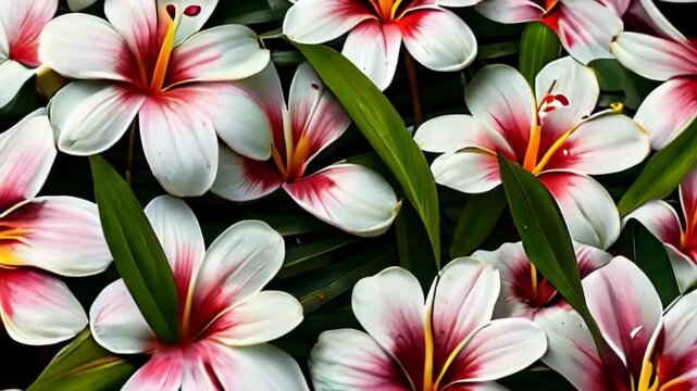 Exotic flowers and leaves on pink background, floral wallpaper, floral pattern