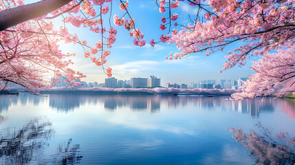 sunset and city skyline over the lake, Cherry Blossoms in Full Bloom by a Serene Lake*