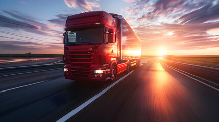 a Red Truck on the Highway at Sunset