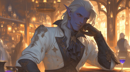 Fototapeta premium noble drow elf with a relaxed pose, seated in an opulent tavern with golden lighting