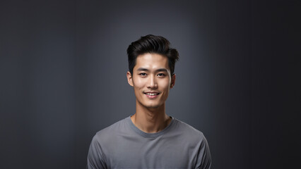 Naklejka premium Radiant young Korean man with flawless skin and natural beauty. Brunette with neat hair and a warm smile, gazing confidently at camera. Studio shot, perfect for beauty and cosmetic campaigns