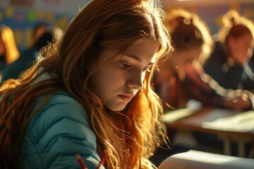 Student with long red hair writing notes in a classroom