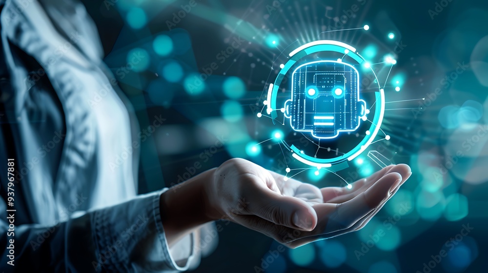 Poster hand holds a digital representation of an ai robot, symbolizing the advancement of technology and th