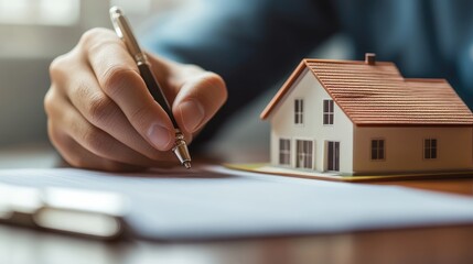 Property Agreement Signing: Hand and House Model Depicting Legal Process