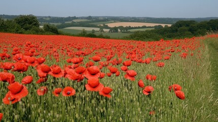 A bright field of poppies under a clear sky, their red petals contrasting beautifully with the green grass