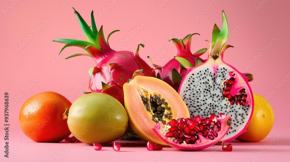 Poster a variety of fresh fruits arranged neatly on a table, perfect for displaying or photography