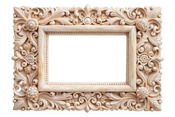 Intricately carved vintage photo frame features ornate floral patterns, ornamental details, and thin borders, isolated on a clean white background, evoking classic elegance.