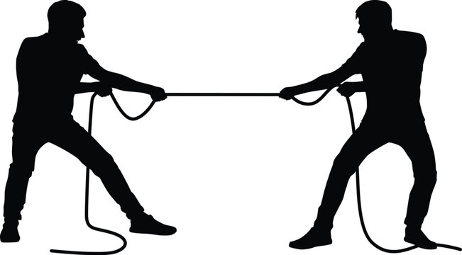 Silhouette of two men tugging on a tug of war