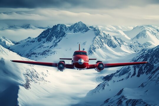 Red airplane flying over snowy mountains.